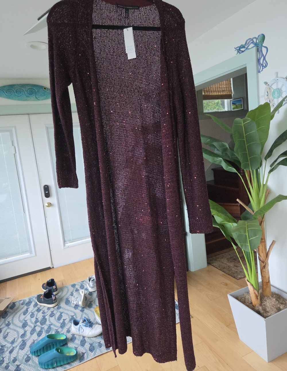 White House Black Market Long Open-Front Sparkle Cardigan — Plum